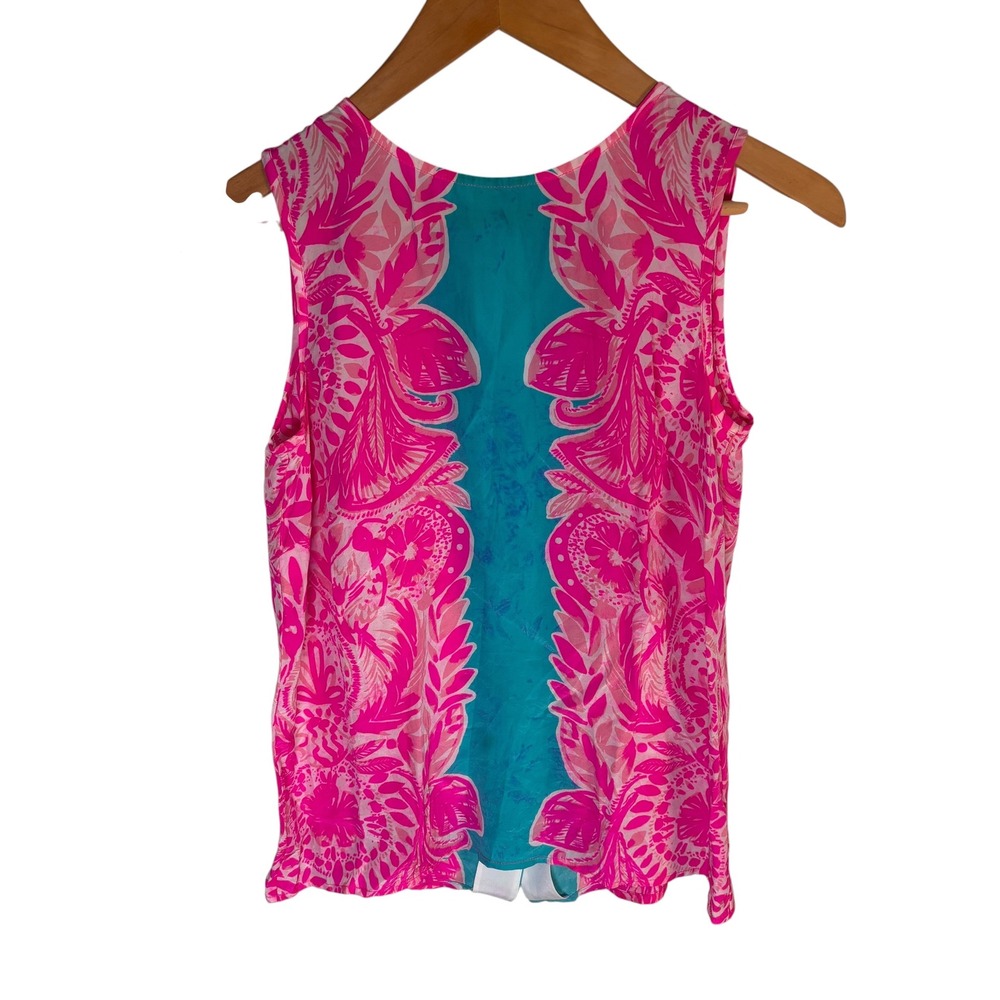 Lilly‎ Pulitzer Womens Pink Teal Floral 100% Silk Button Back Tank Top XS